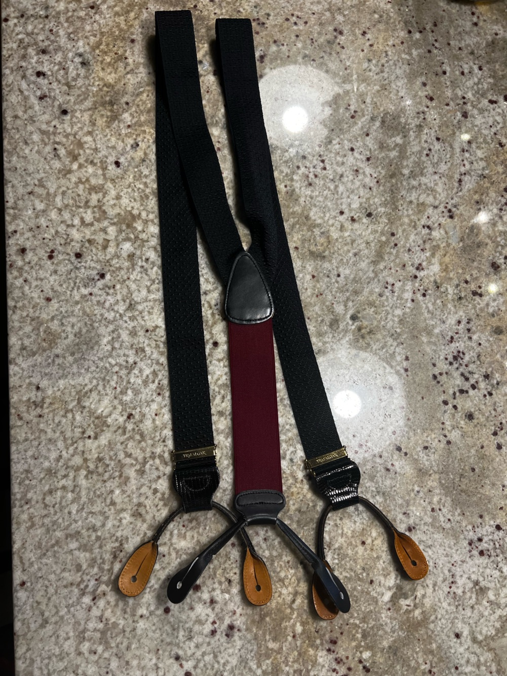 Trafalgar Men's Suspenders Braces - Black‎ Pebbled & Burgundy Leather Adjustable